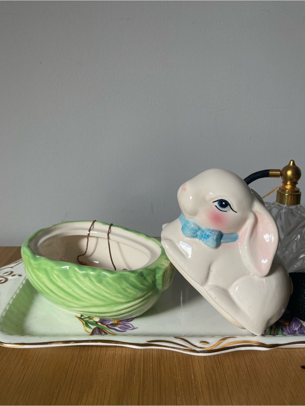 Vintage 70s Bunny Rabbit with Blue Bow on Cabbage Trinket Dish - Picture 3 of 14
